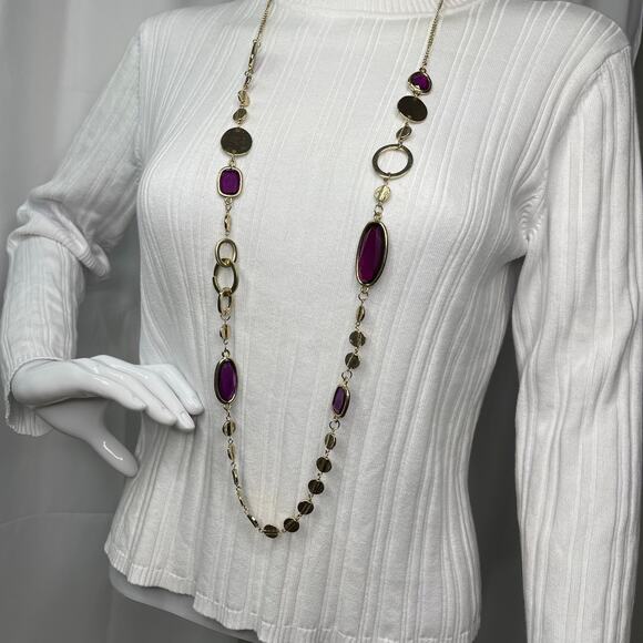 Chico's long necklace gold tone signed jewelry costume purple jewels faceted - Picture 10 of 14
